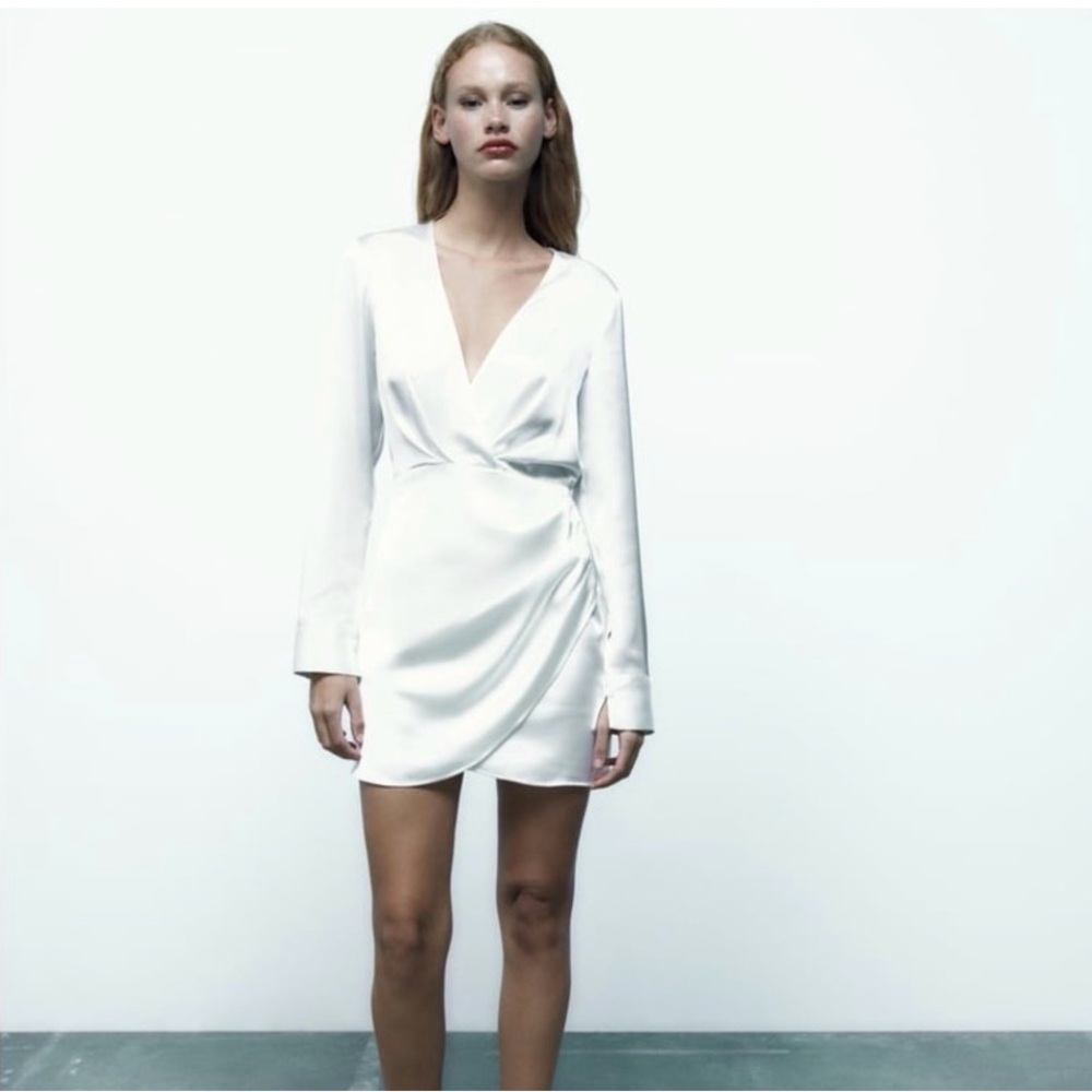 Zara White Satin Faux Wrap Mini Dress. Size L